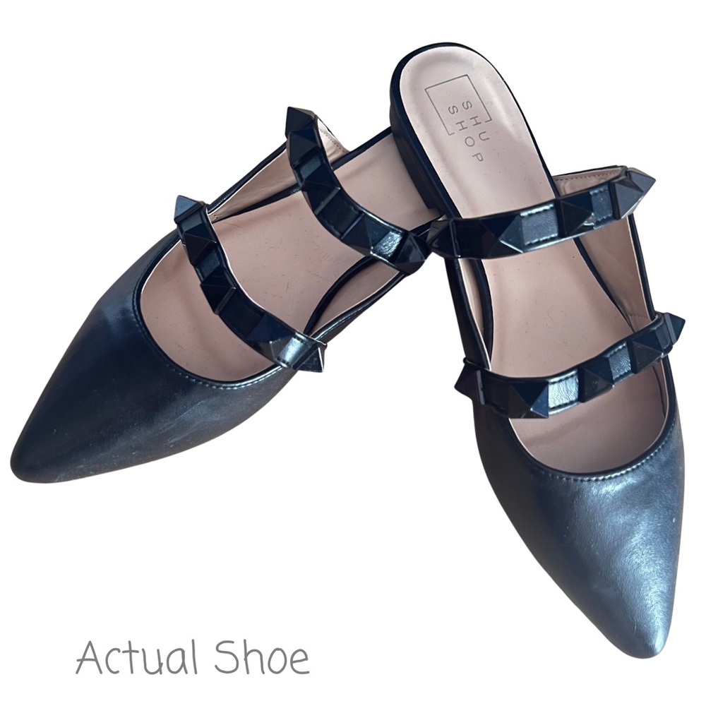 🆕 NWT ShuShop Alex Black Studded Pointed Toe Mule Flats Size 9 🖤 🥿 - Picture 4 of 6